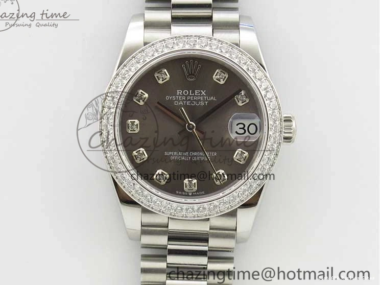 Good Copy Rolex Watches Markers Dial Best Gray Datejust Maker 3091 SS Crystals 31mm on Bracelet 278275 Flexible BP Bezel SS Crystal President Edition 0111